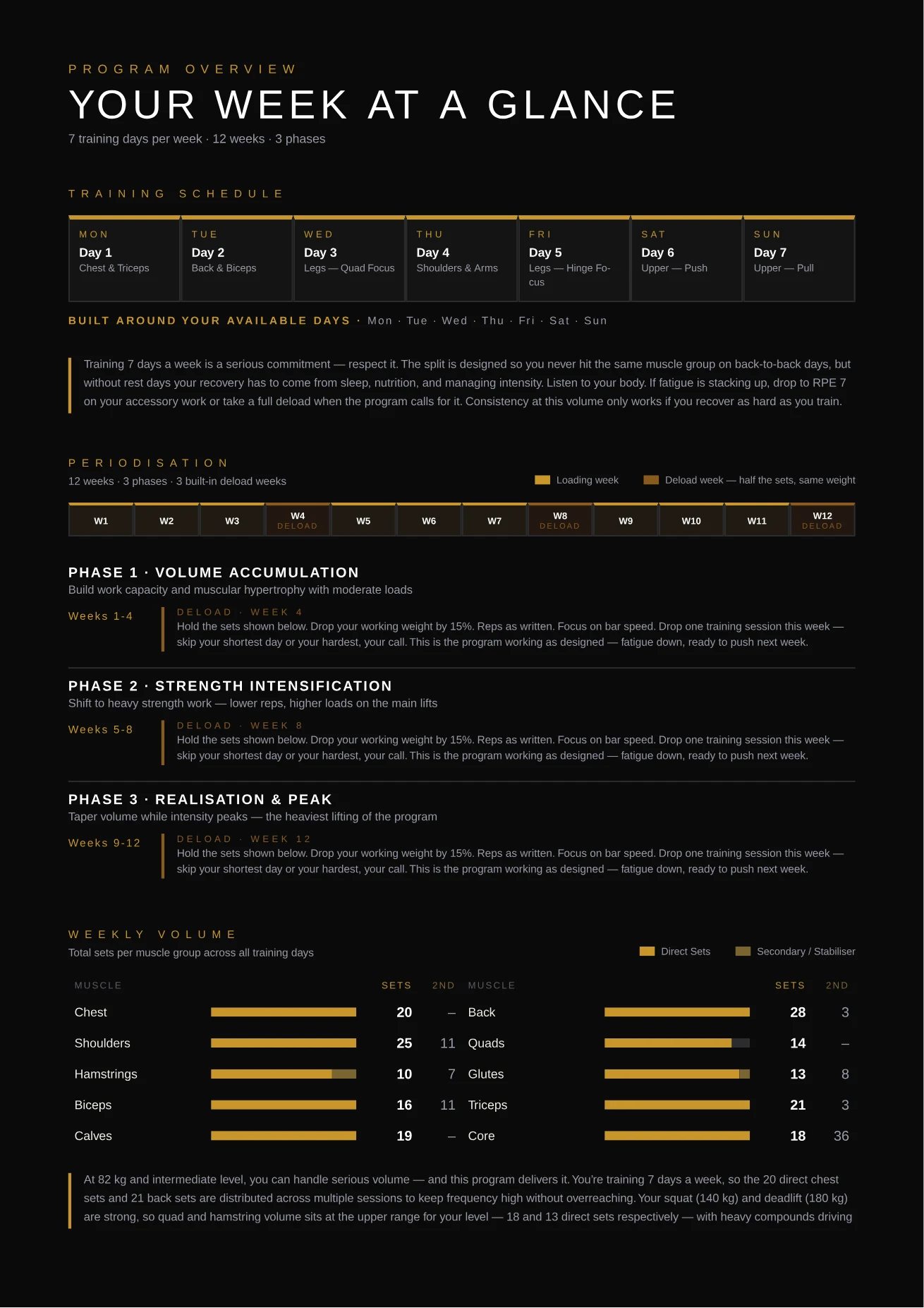 Program overview page showing the weekly training schedule, three periodised phases and weekly volume per muscle