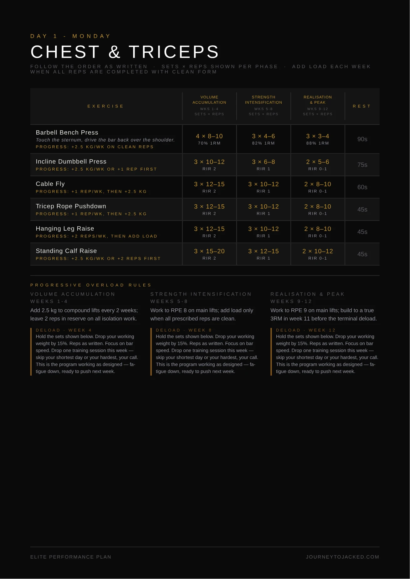 Training day page listing every exercise with sets, reps, intensity and rest for each phase